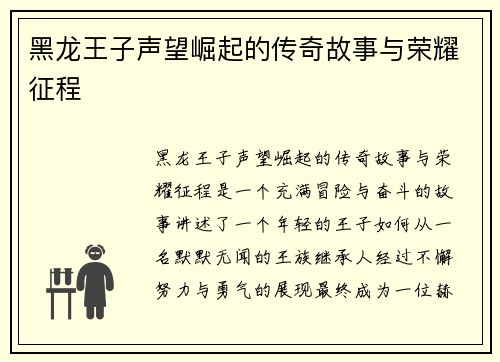 黑龙王子声望崛起的传奇故事与荣耀征程